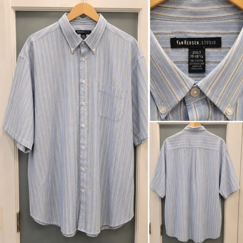 Van Heusen Studio Shirt Men's 2XLT Blue Stripe Button Down Short Sleeve Pocket